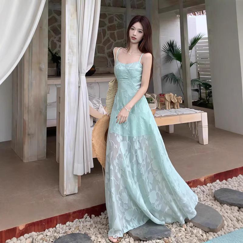 Seaside Vacation Wind Green Suspender Dress Women's Summer Temperament Mesh Stitching Waist Thin A-word Skirt Long Dress