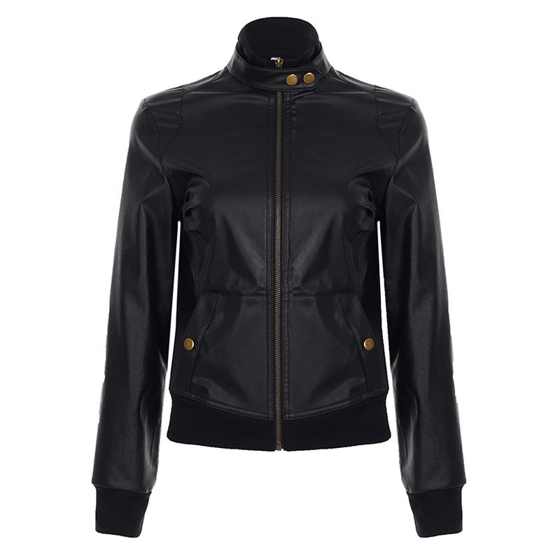 H's European and American Women's Clothing Cool Motorcycle Stand Collar Zipper Black Leather Coat Jacket Women's Dark Handsome Windproof Short Coat