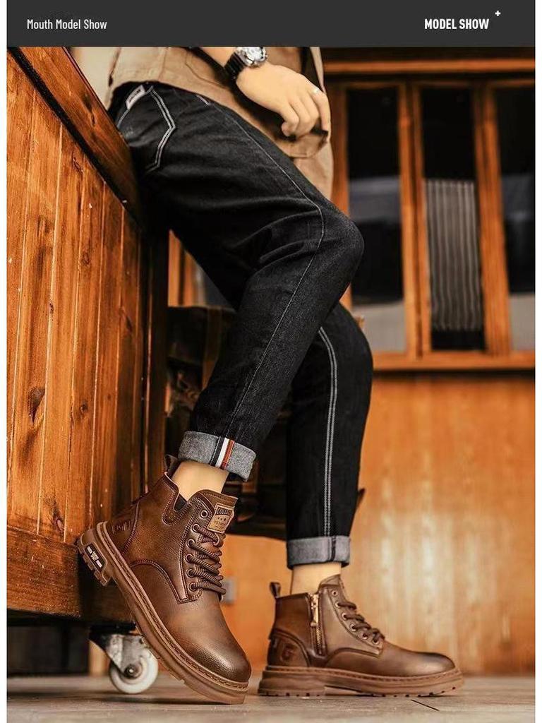 Men's High-Top British Style Leather Boots - Spring Retro Lace-Up Outdoor Martin Work Shoes