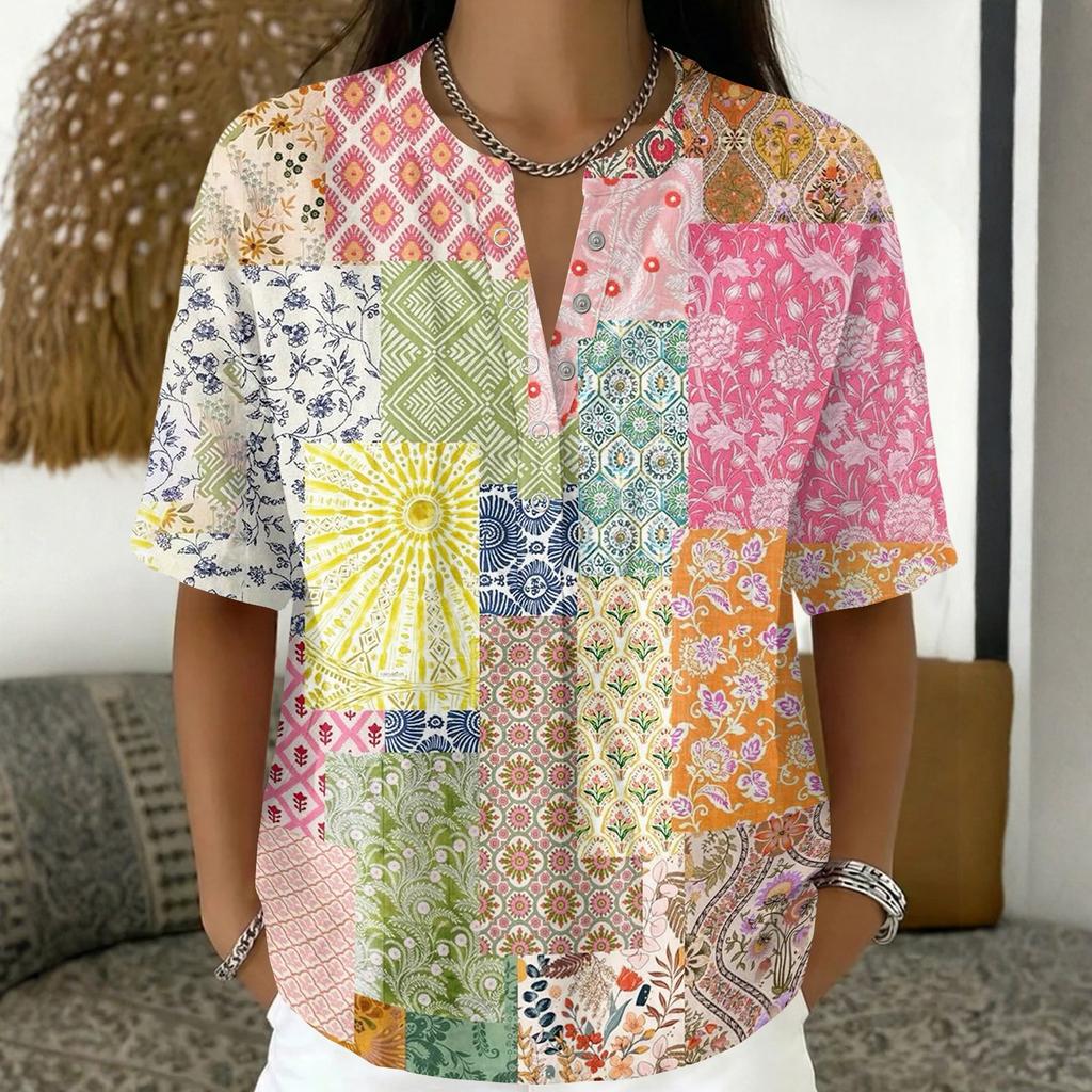 Damenmode Bedrucktes V-Ausschnitt-Shirt Kurzarm Pullover Top Leichte Lässige Bluse für den Alltag