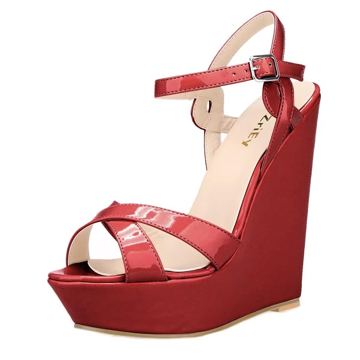 Женские босоножки сексуальные с открытым носком и ремешком на щиколотке на платформе и танкетке 14 см очень высокие каблуки-гладиаторы с пряжкой элегантные летние туфли 39 вино красного 2690₽