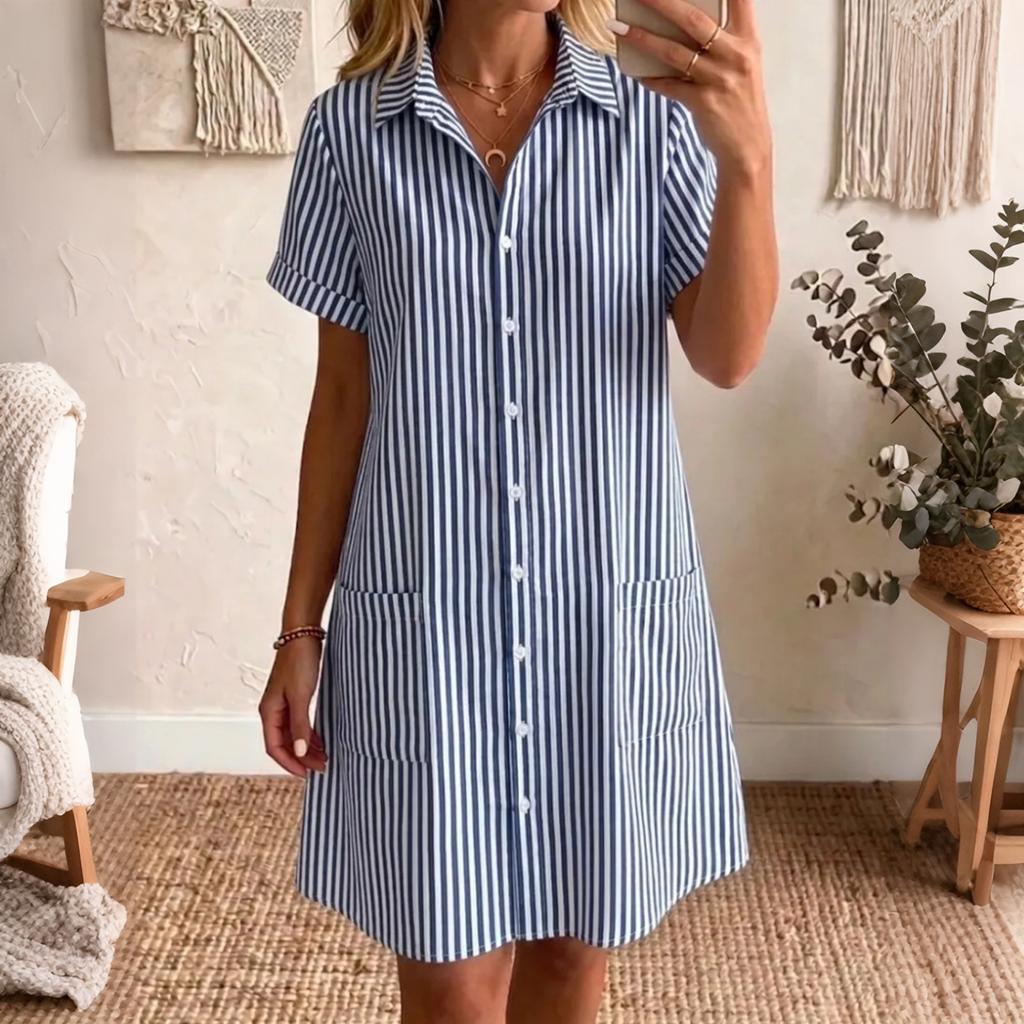 Women's Loose Fit Plus Size Striped Short Sleeve Shirt Dress Casual Mid Length Button Down Dress with Pockets Summer Style