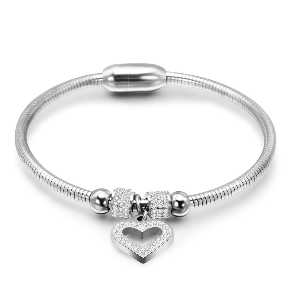 New Fashion Simple Ins Hollow Inlaid Zircon Peach Heart Titanium Steel Snake Chain Bracelet Magnetic Buckle Bracelet for Women