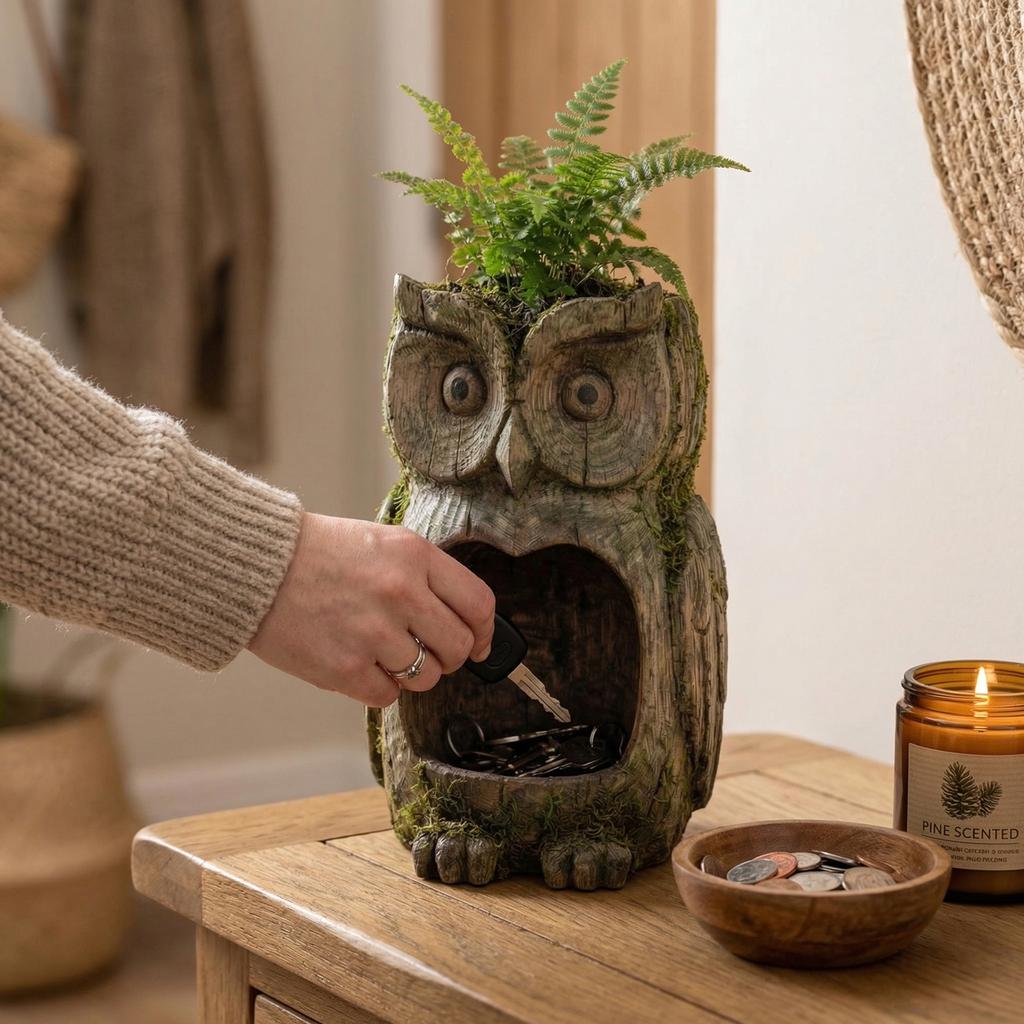 Resin Sparrow Feeding Station Owl Shaped Waterproof Art Sculpture Weather-Resistant for Outdoor Garden Backyard Patio Yard Porch