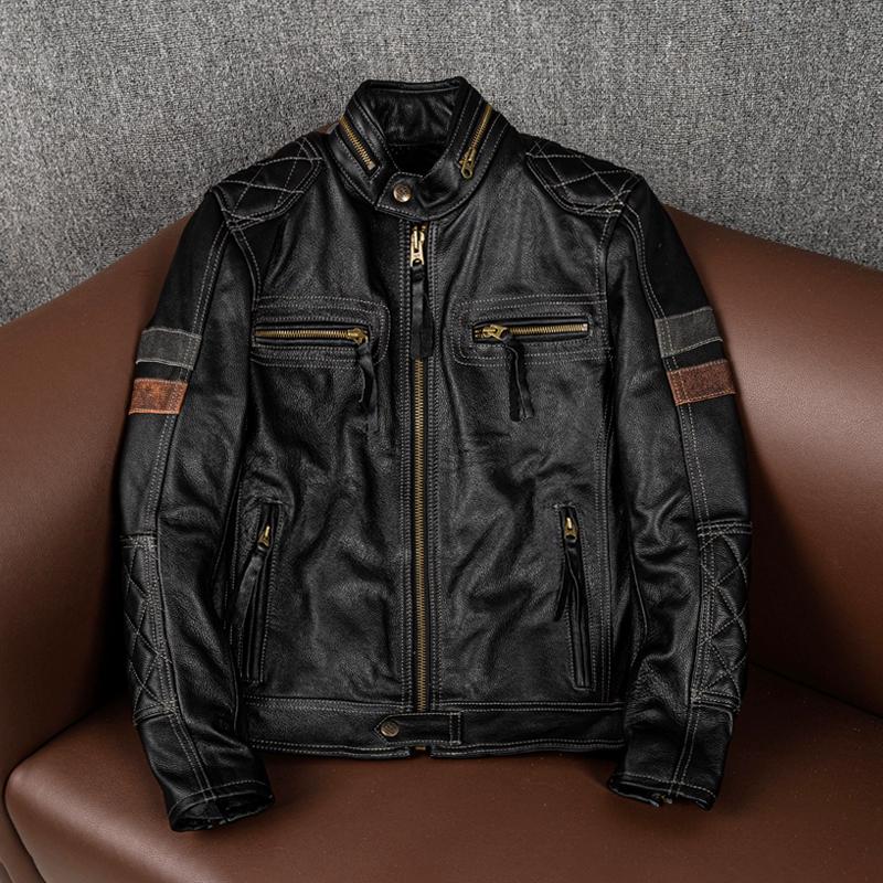

Мужская куртка из натуральной кожи, тяжелая коровья кожа, байкерская куртка со стойкой, стильная повседневная верхняя одежда с карманами для защиты 5XL чёрный