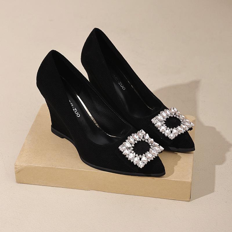 

2025 autumn new rhinestone wedge heel single shoes women s black pointed high heels women s matte versatile platform women s shoes 35