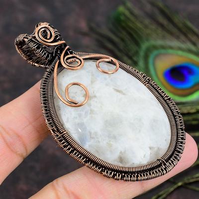 Natural Rainbow Moonstone Gemstone Copper Wire Wrap Gift Pendant 3.15 P7e61