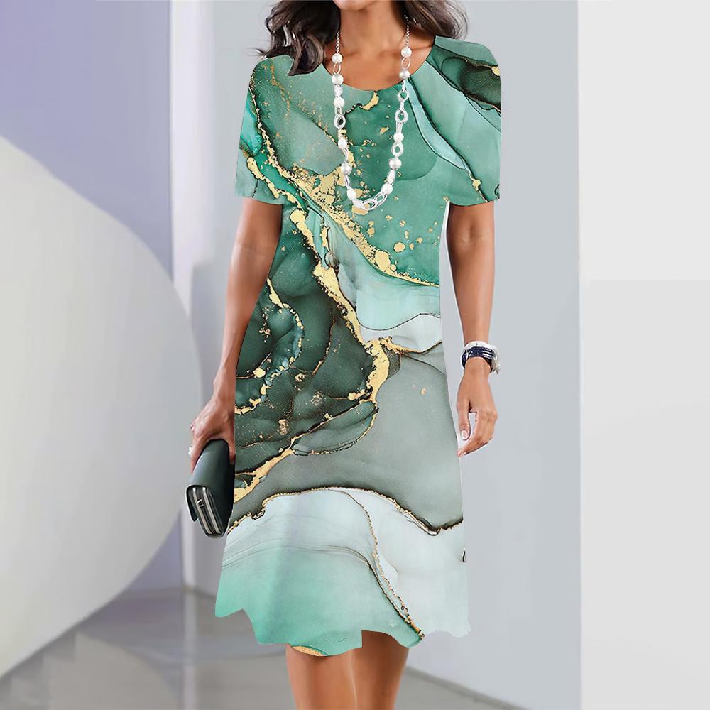 2026 Summer Retro Texture Printing Short-sleeved Dress Ladies Casual Fashion Round Neck Loose Dress