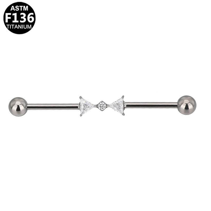 European-American Bow Zircon Stud Earrings, F136 Titanium, Double Piercing & Cartilage Ear Studs