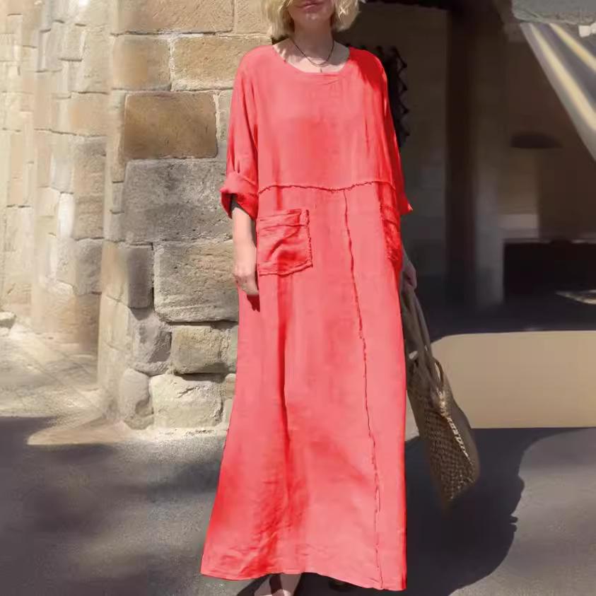 2026 Grenzüberschreitendes Sommer-Freizeitkleid für Damen, Rundhalsausschnitt, Baumwoll-Leinen, Langarm, mit Falten und doppelten Seitentaschen