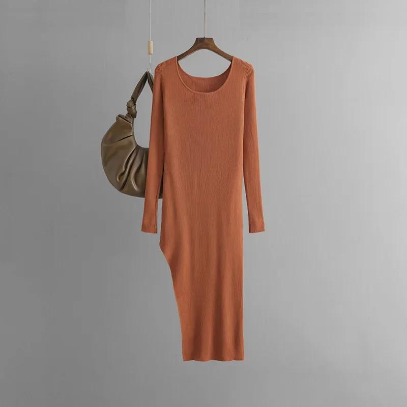 Elegant Split Knitted Dress Autumn New Solid Color Slim-fit Vented Long Dress Women Tight Base Hip Irregular Dress 2026 Vestidos