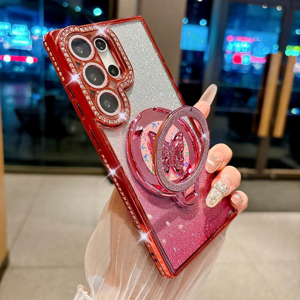 Glitter Diamond Butterfly Bracket Case for Samsung Galaxy S26 S2 Ultra S23 S22 Plus S24 FE A A6 A16 A4 Gradient Stand Cover