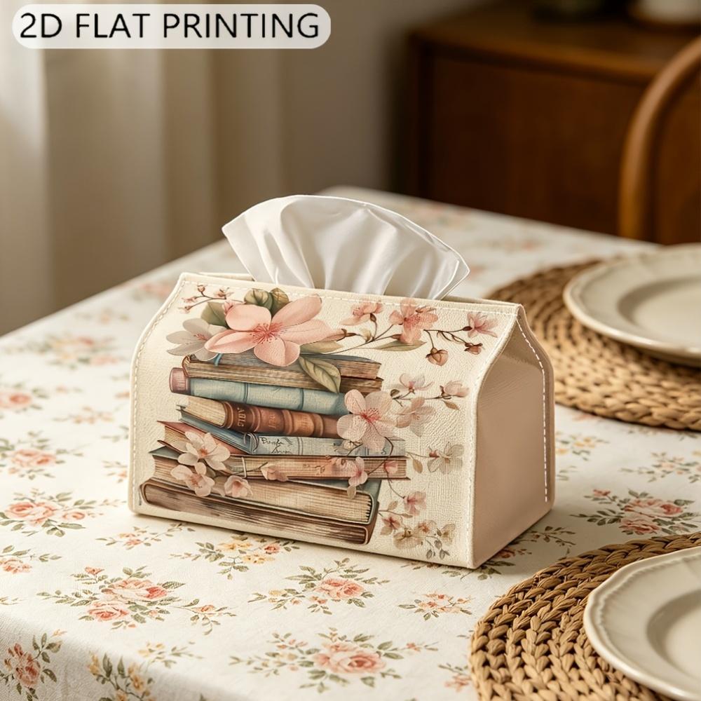 2D Flat, 1pc 2D Flat Printed Tissue Box, Spring Flower and Book Stack Pattern, Rectangular Tissue Box, Tissue Storage Box, Suitable for Bedroom, Light