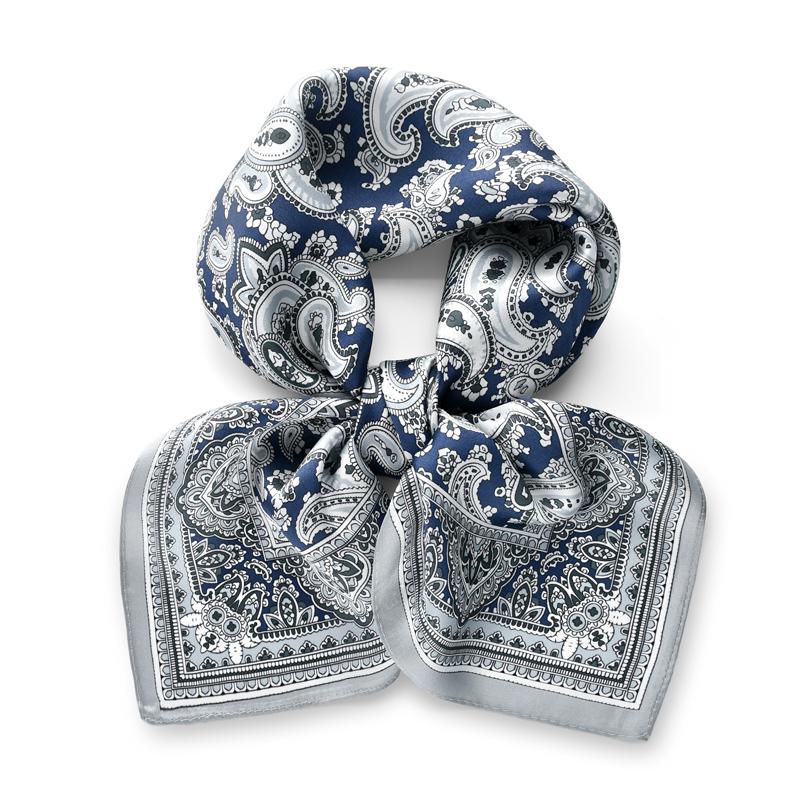 

Grey blue paisley 100% natural silk scarf wrap kerchief hijab shawl luxury women men gift headband satin 65cm neckerchief 65x5cm