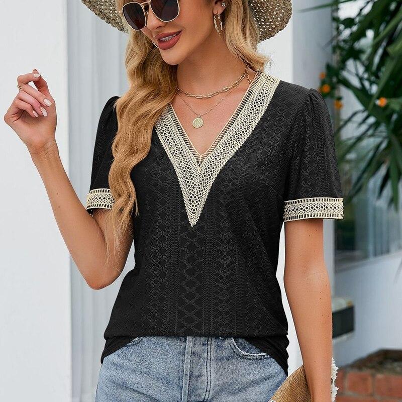 Casual Elegant Lace Shirts Fashion Summer Short Sleeve T-shirt Woman Tops Hollow V-neck Blouse Women Solid Color Blusas 25814
