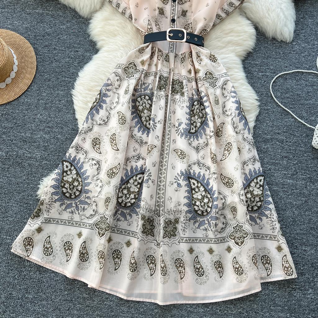 Kobiety Różowa Długa Sukienka Letnia Francuska Retro Krótki Rękaw Drukowane Sukienki Imprezowe Damskie Wąskie A-line Elegancka Długa Suknia Vestidos