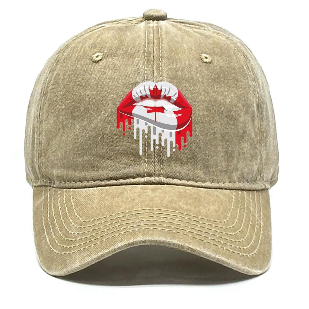 Canada Flag Mouth Print Adjustable Sun Hat, Patriotic Flat Cap Stylish Adjustable Strap Casual Slouchy Snapback Baseball Hat
