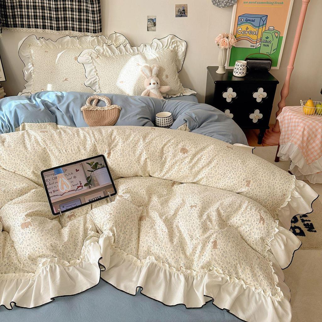 Princess-Style French Lace Bedding Set: Traditional Water-Washed Imitation Cotton Duvet Cover, Girlish Student Style, Three-Piece