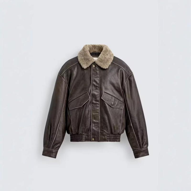 Mens Retro Color-Block Faux Shearling Collar Leather Jacket Casual Outerwear Winter