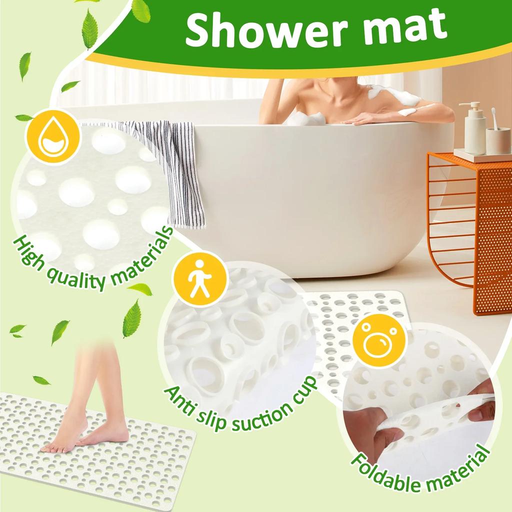 Bathtub Shower Mat 27.6×15 inches Non Slip Bath Mats for Tub Floor with Drain Hole Soft on Feet, Machine Washable, Easy Dry