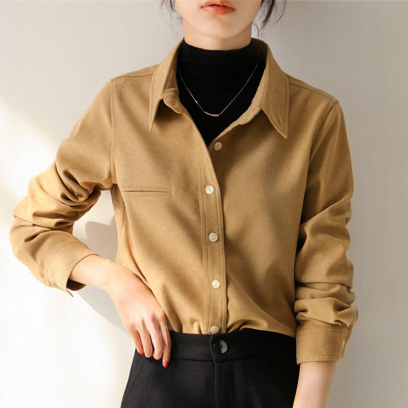 Women's Office Commuter Polished Shirt Solid Color Vintage Lining Shirt Female Long-sleeved Tops Spring and Autumn Winter