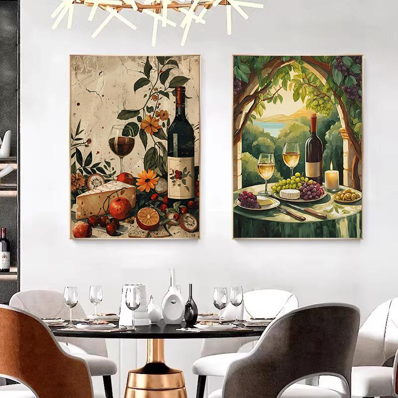 Vintage Wine Barrels and Wine Fountain Dinner Party Food Illustration Poster Canvas Painting Wall Pictures Home Wine Shop Decor