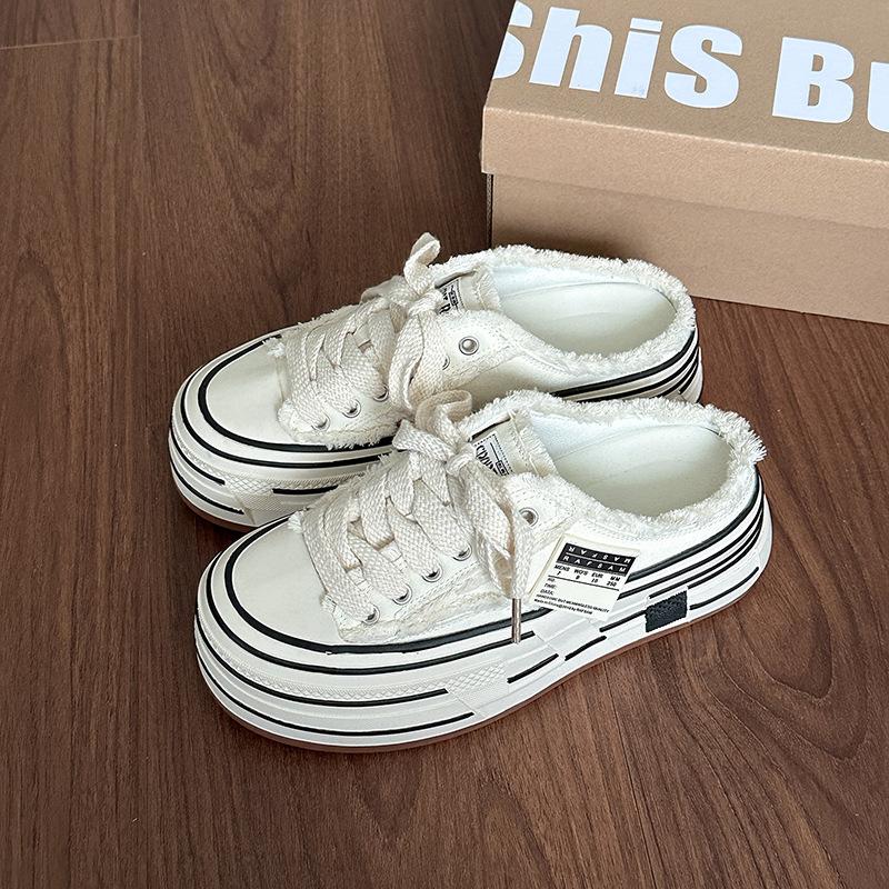 

Thick bottom heightening canvas slippers women s summer new fashion versatile women s bag head drag half slippers tide 40 бежевый