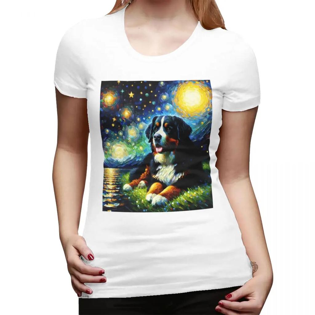 Starry Night Bernese Mountain Dog Van Gogh Lover TShirt for Women Crew Neck Streetwear T Shirts Womens Tees Short Clothes Tops