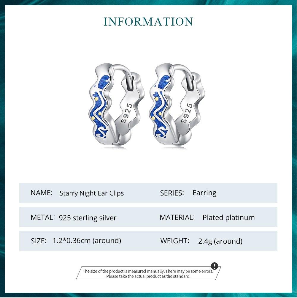 BAMOER 925 mincovní stříbro Van Gogh's Starry Sky náušnice Modré smaltované kruhové náušnice pro ženy Dárek k narozeninám Jemné šperky