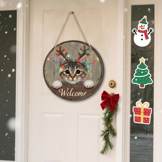 Wooden Door Sign Christmas Welcome Sign, Animal Round Hanging Decor, Cute Wall Art Farmhouse Ornament for Window Garden Holiday Decor Plaque