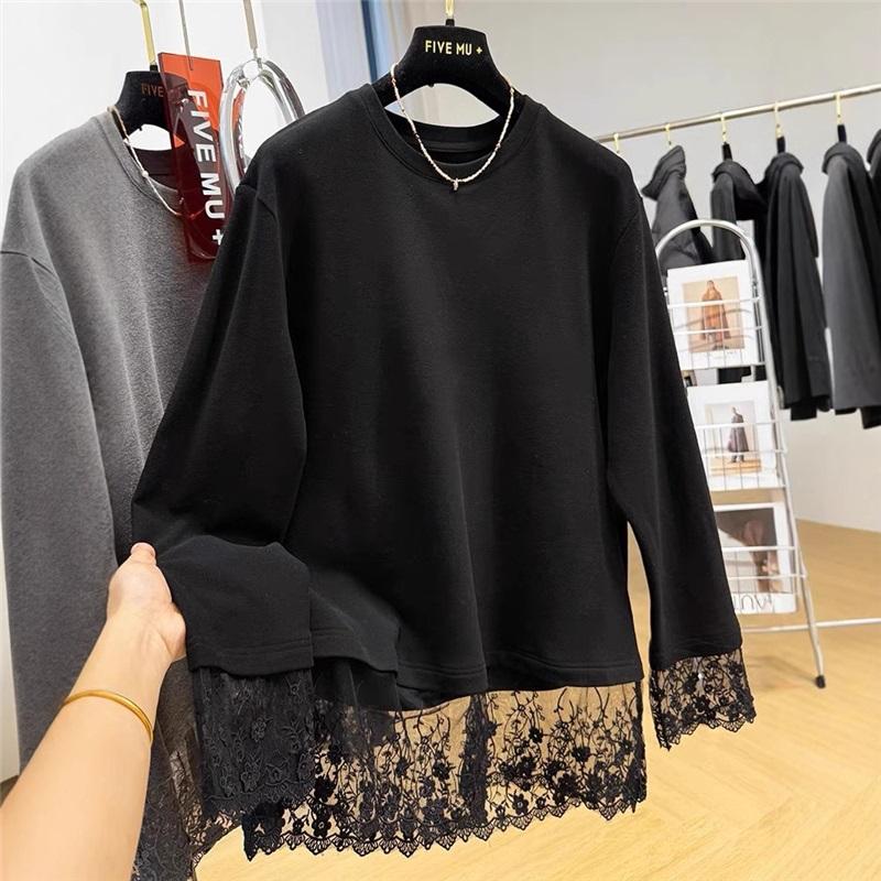 Lace Patchwork Fleece Sweatshirt Casual Loose Long Sleeve Top