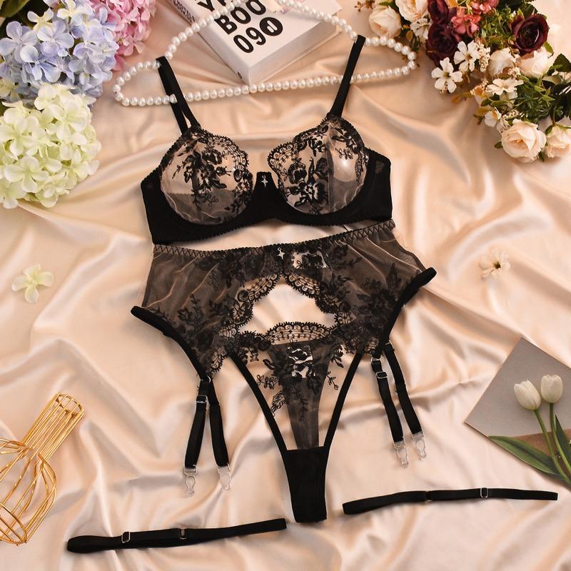 

Embroidered bra bathing complex sexy lingerie leg rings S чёрный
