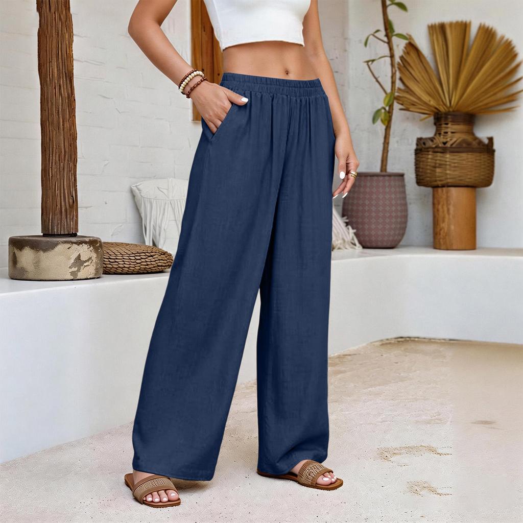 Damen Baumwolle Leinen Bequem Farbe Locker Elastischer Bund Lässig Weites Bein Hose