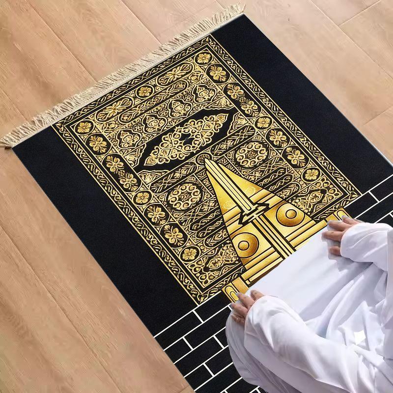 Aksamitna Mata do Modlitwy Muzułmańskiej Luksusowa Złota Bogato Zdobiona Wzór Kaaby Przenośna Antypoślizgowa Dywanik do Modlitwy Eid Mubarak Prezent do Domu