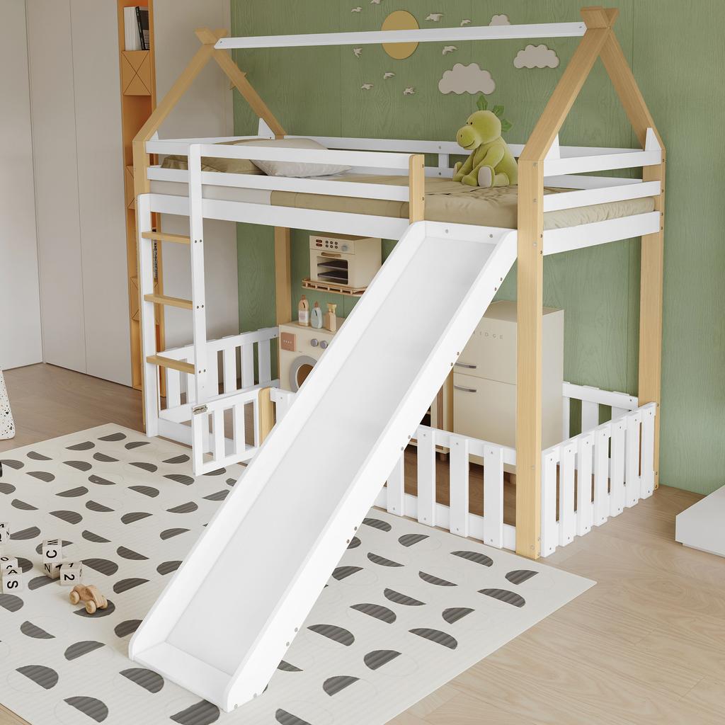 Bunk Bed, Children's Bed, with Fun Slide, Free Space with Fence, Sturdy Slatted Frames and Ladder, Pine + MDF + Plywood, White+Natural, 90x200cm