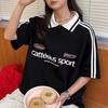 Unisex T-shirt Men Women Striped Letter Decoration Lapel Short Sleeve T-Shirt Casual Loose Fit