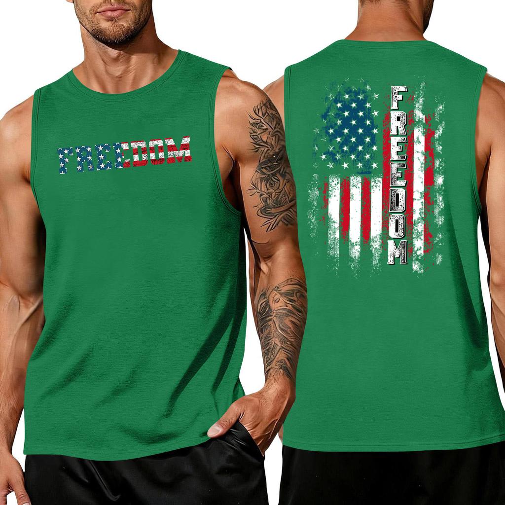 Men's Sleeveless Muscle Tank Top with Letter Print and Flag Pattern Casual Crew Neck Gym Shirt