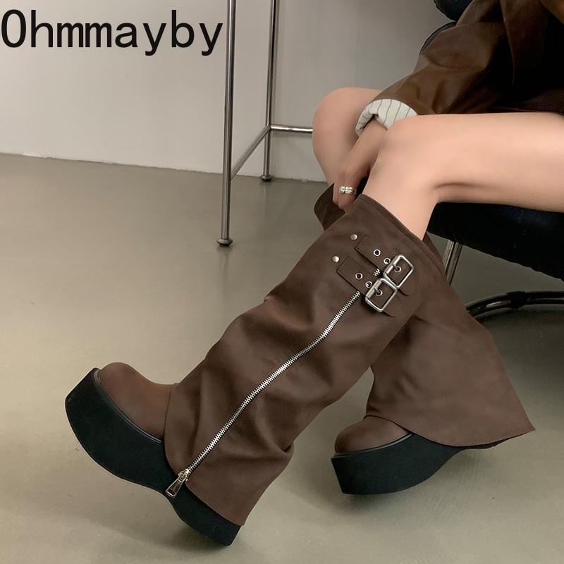 Punk Style Women Knee High Boots Designer Belt Buckle Platform Heel Shoes Autumn Winter Long Booties