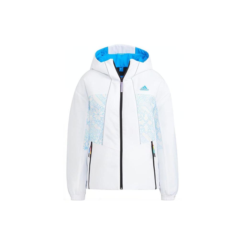 Adidas Geometric Pattern Logo Printed Hooded Zip Jacket Women Jackets White HC0283