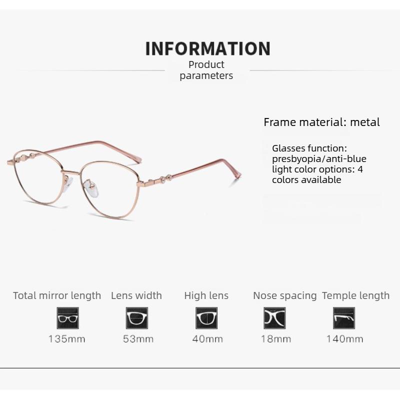 Elegant Ladies Oval Presbyopia Eyeglasses Metal Frame Pearl Hinge Design Anti Blue Light Reading Glasses Lightweight 0 To +4.0