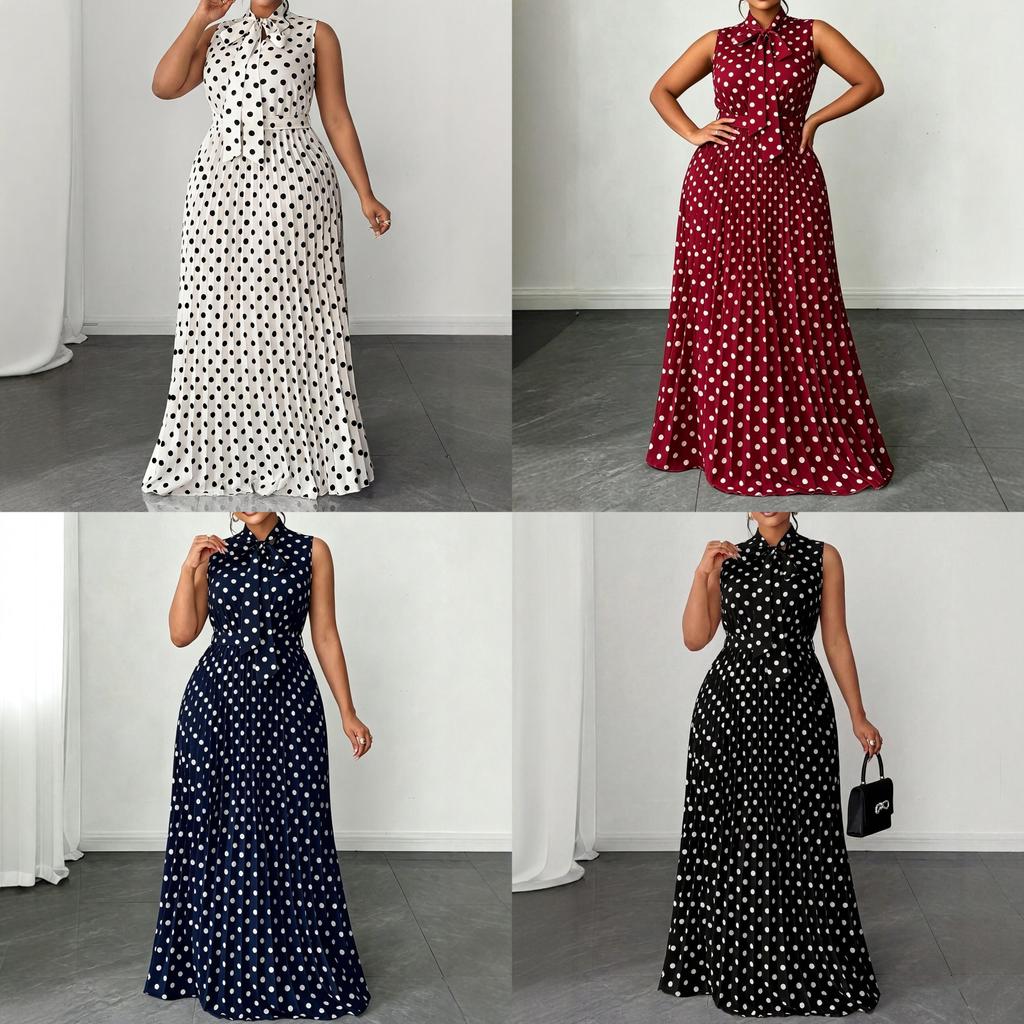 Elegantes ärmelloses Polka-Dot-Kleid mit Bindeband für Sommerreisen und Freizeit
