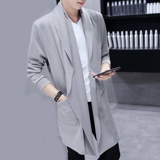 Men Trench Windbreaker Large Neckline Solid Color Slim Mid-length Draping Overcoat Outwear Cloak Streetwear
