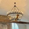 Farmhouse Industrial Rustic Black Wheel Chandelier for Dining Room, Bedroom, Foyer, or Living Room.