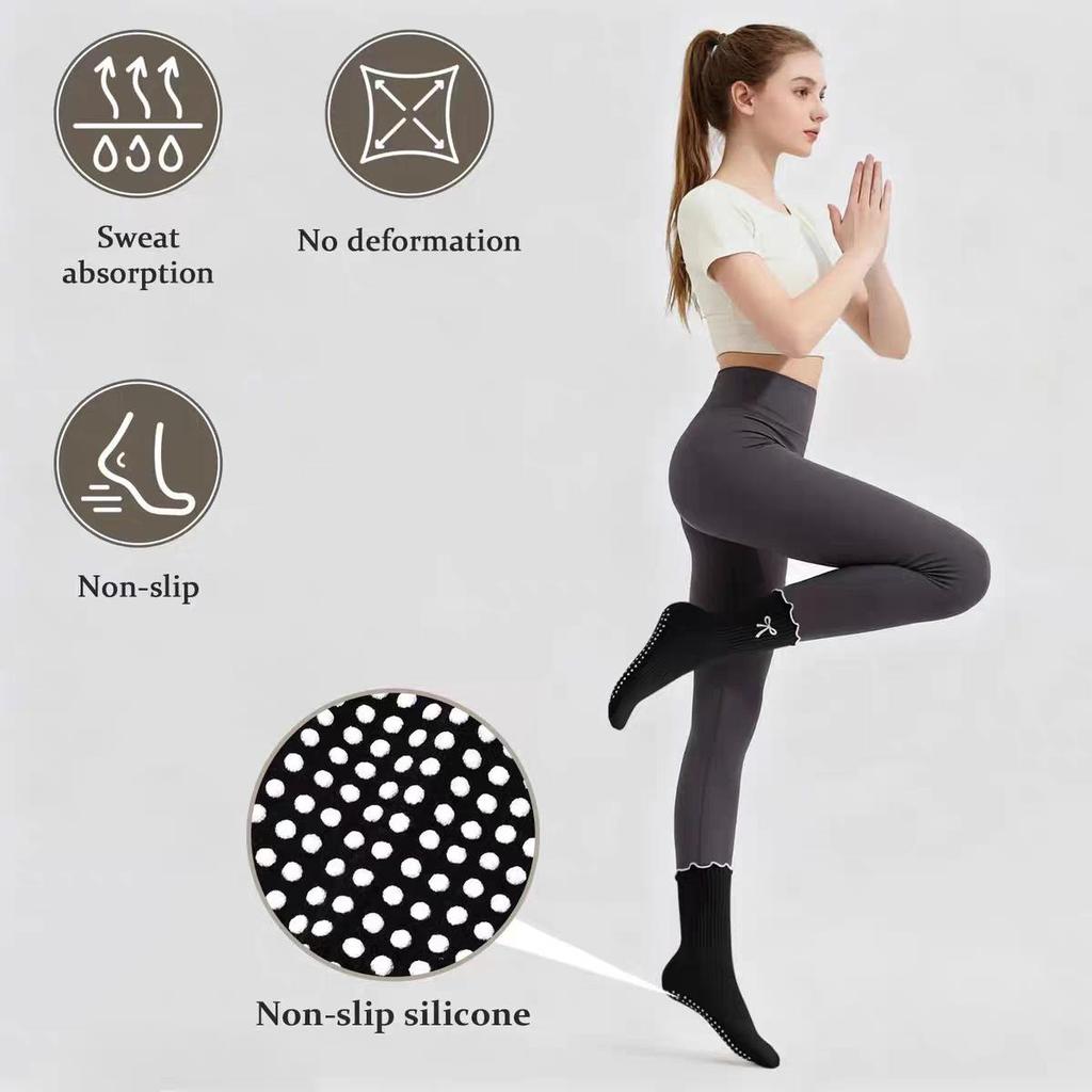 Women's Gel-Dotted Non-Slip Yoga Socks, Mid-Calf, Bow Embroidery, Fitness Socks, White