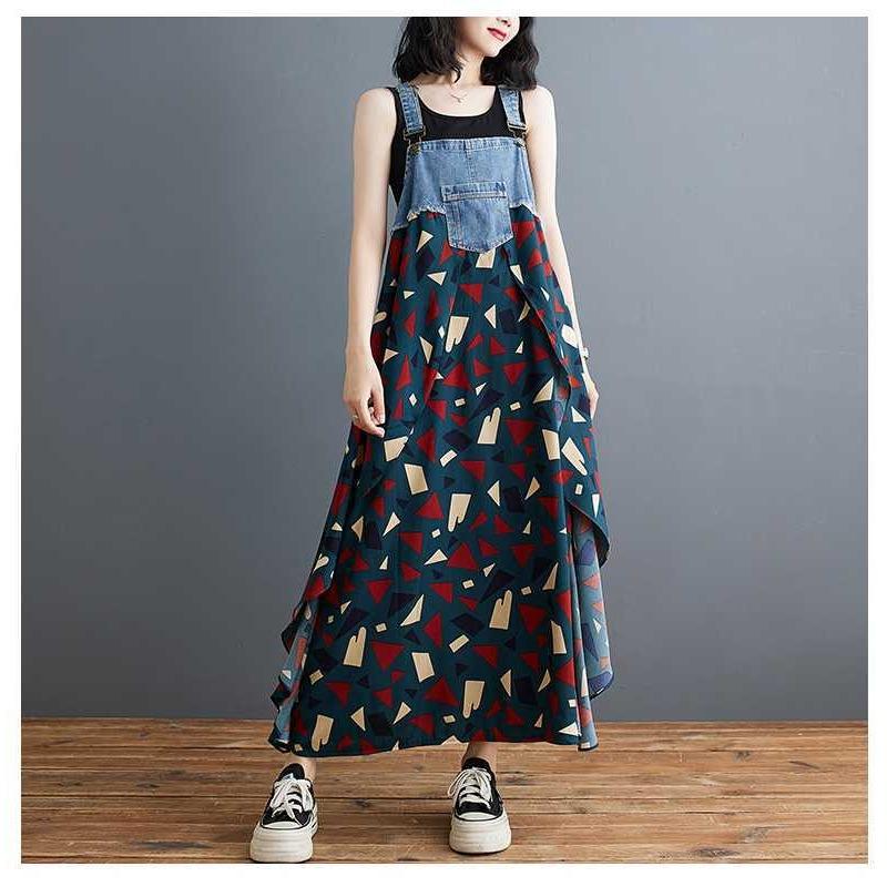 Women's Loose Chiffon Printed Denim Suspender Mid Length Dress