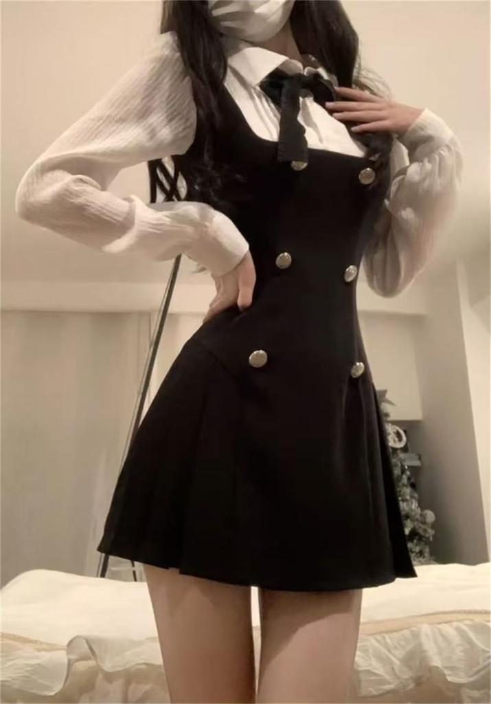 KEWJYUE Layered Long Suspender Shirt Mori Girl Everyday Wear Women's Dress, Sleeve, High-Waisted, Slimming, School-Style, Skirt, Dress, Style,