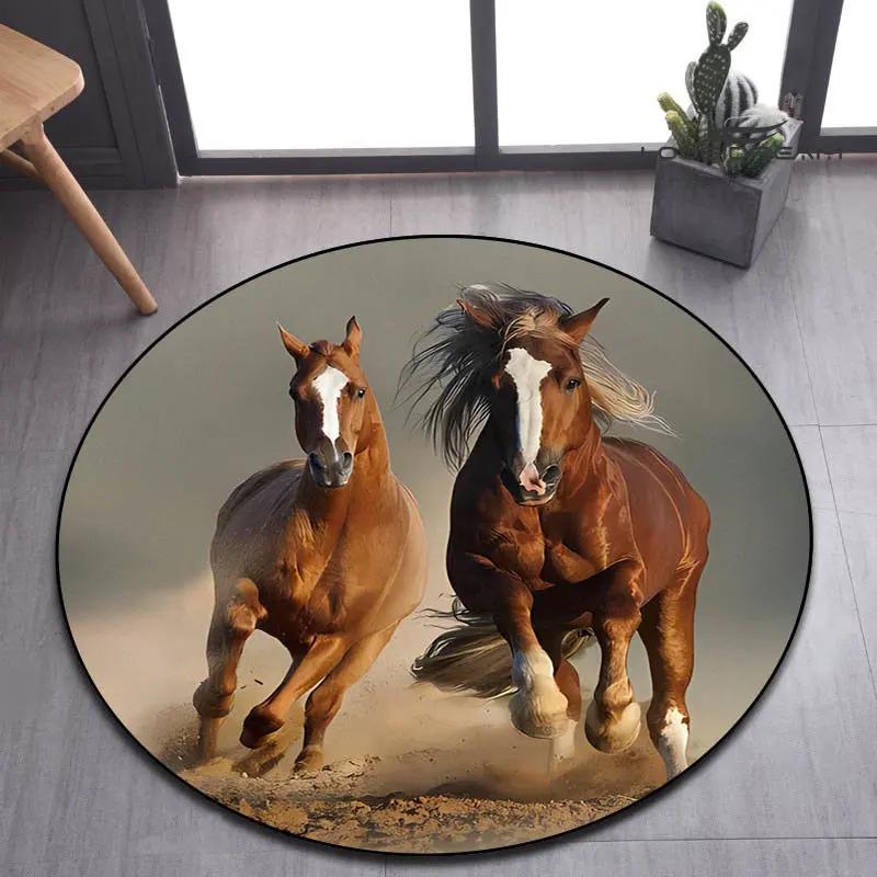 3D Running Horses Round Carpet Non-slip Mat Luxury Wild Horse Area Rug for Game Room Bedroom Decoration