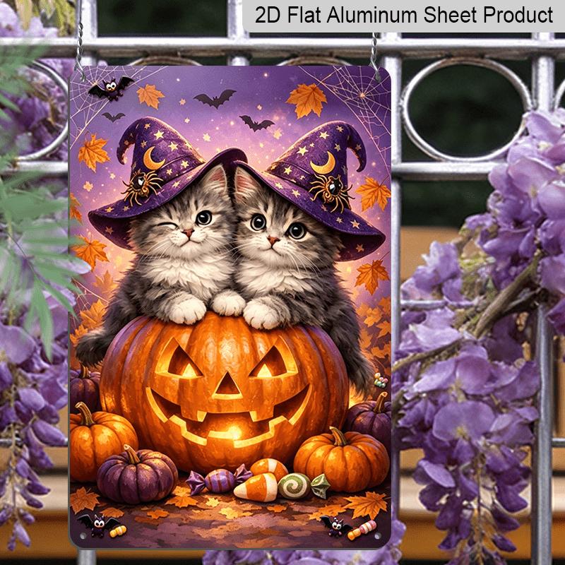 2D Flat, 1pc Cute Witch Kitten Pumpkin Aluminum Sign, Halloween Wall Decor, Mystery Wall Art for Halloween Themed Space - Perfect for Spooky