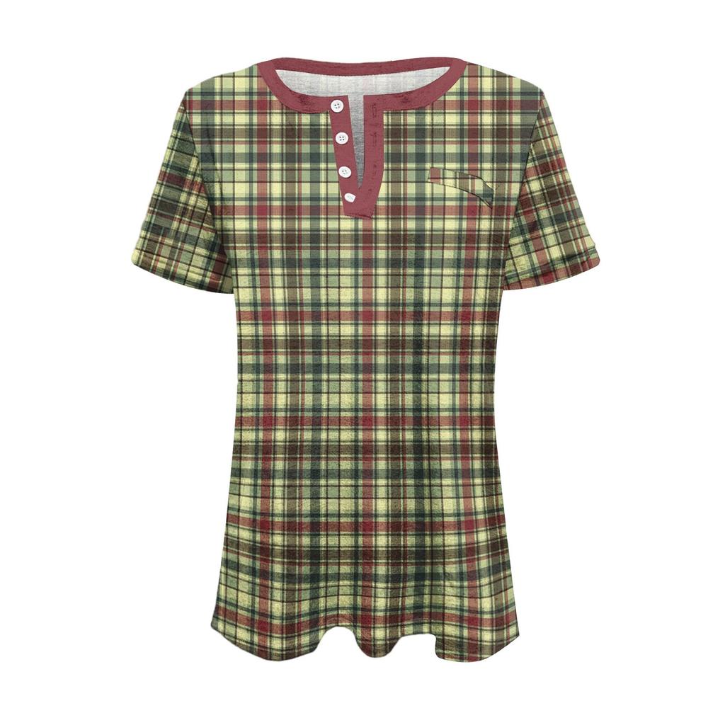 Modisches Lässiges Sommer-Karomuster V-Ausschnitt Knopf Kurzarm-Oberteil für Damen