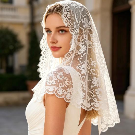 Lace Veil, Short Back-Draped Veil, Mesh Lace Edge Retro Style Wedding Headscarf, for Church Gothic Halloween Party